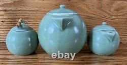 Art Deco Tea Set Green Bamboo Handles Globe Vintage Mint Pale Japanese Porcelain