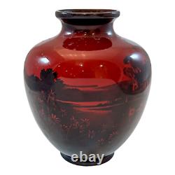 Art Deco pair red flambe folk porcelain urns vases, Charles Noke, Royal Doulton