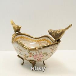 Art Nouveau Style Bowl Centerpiece Bird Basket Art Deco Style Porcelain Bronze