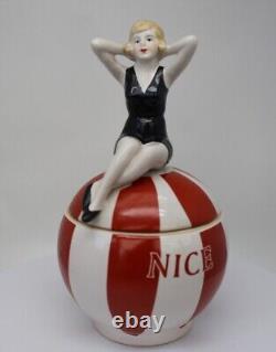 Art Nouveau Style Box Jewelry Figurine Nice Bathing Beauty Sexy Art Deco-German