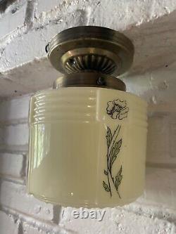 Arts & Crafts Deco Custard Colored Floral Shade White Porcelain Fixture