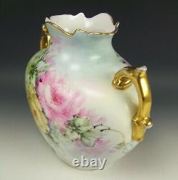 Austria Hand Painted Multicolor Roses Handled 11 Pillow Vase