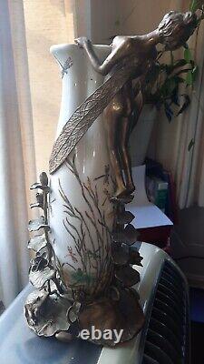 BEAUTIFUL REPRODUCTION VASE/Art Deco/ Brass/Porcelain /Fairy/Dragonfly/Frog