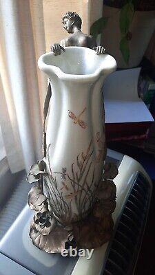 BEAUTIFUL REPRODUCTION VASE/Art Deco/ Brass/Porcelain /Fairy/Dragonfly/Frog