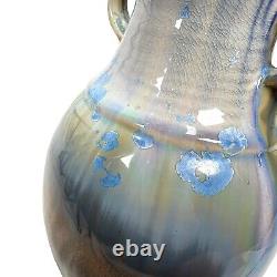 Bill Campbell Pottery Vase Flambe Drip Glaze Art Deco 12 Blue Brown Purple