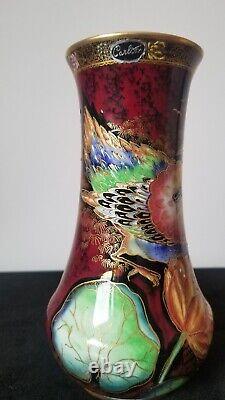 Carlton Ware Crested Bird & Water Lily Vase Rouge Royale British Art Deco 8 INC