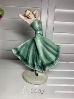 Czech Art Deco Porcelain Dancer Figurine 12? Green Dress Czechoslovakia Mark Roy
