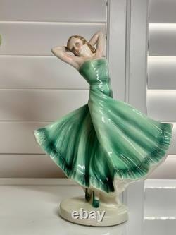 Czech Art Deco Porcelain Dancer Figurine 12? Green Dress Czechoslovakia Mark Roy