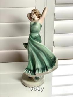 Czech Art Deco Porcelain Dancer Figurine 12? Green Dress Czechoslovakia Mark Roy