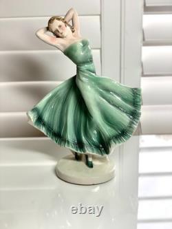 Czech Art Deco Porcelain Dancer Figurine 12? Green Dress Czechoslovakia Mark Roy