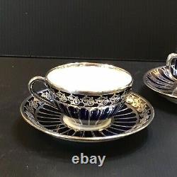 Deco Hutschenreuther Heavy Silver Overlay Porcelain Cup Saucer Cobalt Blue