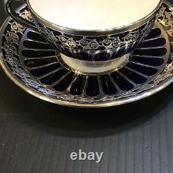 Deco Hutschenreuther Heavy Silver Overlay Porcelain Cup Saucer Cobalt Blue