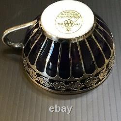 Deco Hutschenreuther Heavy Silver Overlay Porcelain Cup Saucer Cobalt Blue