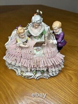 Dresden Porcelain Lace Figurine Mother with Children Reading STORY TIME