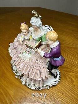 Dresden Porcelain Lace Figurine Mother with Children Reading STORY TIME