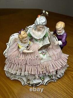 Dresden Porcelain Lace Figurine Mother with Children Reading STORY TIME