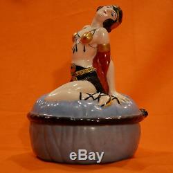 ETLING Boite à poudre Art Deco en porcelaine danseuse orientale Porcelain box