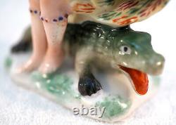 Edme Samson Miniature Porcelain Figurine Nude with Crown Sitting on an Alligator