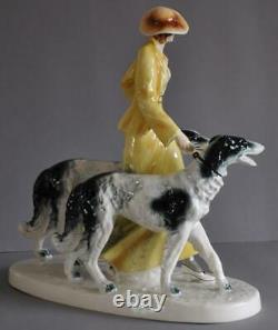 Elegant Art Deco Porcelain Goldscheider Style Figurine Walking with 2 Borzoi
