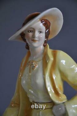 Elegant Art Deco Porcelain Goldscheider Style Figurine Walking with 2 Borzoi