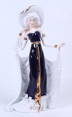 Excellent Sorelle Porcelain Figurine 15 Art Deco Navy and Gold Woman in Gown
