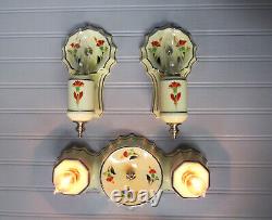 Exquisite Art Deco Porcelain Flush Mount Light with Matching Sconces Restored