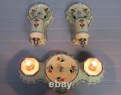 Exquisite Art Deco Porcelain Flush Mount Light with Matching Sconces Restored