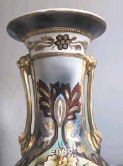 Fabulous Art Deco Nippon Hand Painted Porcelain Two Handled Vase with Cat Handles