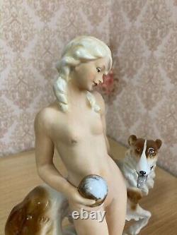 Fasold & Stauch Germany, Antique Porcelain Figurine, Nude Girl with Ball & Dog