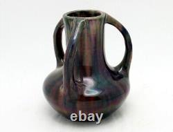 Fine Art Deco Japanese Awaji Flambe Drip Glaze Three Handled Art Pottery Vase