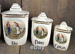 French Antique Art Deco Porcelain Kitchen Canisters Caddies Storage Jars Pots