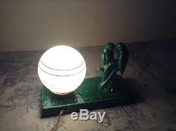 French Art Deco Style Green Porcelain Desk Table Lamp Light Love Birds (3950)