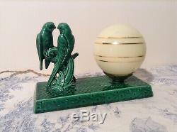 French Art Deco Style Green Porcelain Desk Table Lamp Light Love Birds (3950)
