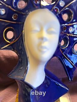 Galos Portugal Gorgeous Blue Art Deco Porcelain Sculpture On Stone & Lucite Base