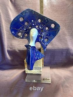 Galos Portugal Gorgeous Blue Art Deco Porcelain Sculpture On Stone & Lucite Base