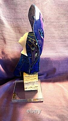 Galos Portugal Gorgeous Blue Art Deco Porcelain Sculpture On Stone & Lucite Base