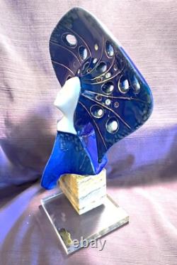 Galos Portugal Gorgeous Blue Art Deco Porcelain Sculpture On Stone & Lucite Base
