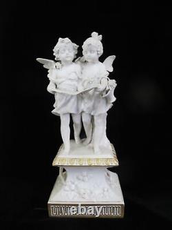 German BISQUE Blanc de Chine Porcelain Fairy & CHERUB Sculpture withGilt & Flowers