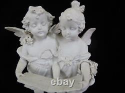 German BISQUE Blanc de Chine Porcelain Fairy & CHERUB Sculpture withGilt & Flowers