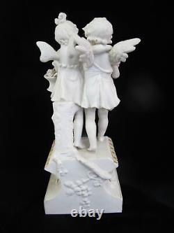 German BISQUE Blanc de Chine Porcelain Fairy & CHERUB Sculpture withGilt & Flowers