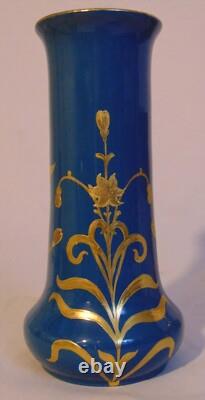 German GEBRUDER HEUBACH Art Nouveau Deco Blue Porcelain Portrait Vase