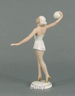 German Porcelain Female Lady Sculpture, Volleyball Sports Player, Art Deco Era
