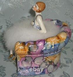 Gorgeous Antique German Art Deco Half Doll Lady On An Armchair Pin Cushion