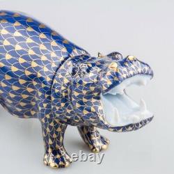 HEREND Hungary Porcelain YAWNING HIPPO 15851(VHB-OR) Blue FISHNET Bran New