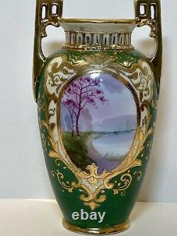 Hand Painted NIPPON Vase LAKE SCENE Matte Green Gold Beading 2 Handles Morimura