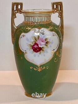 Hand Painted NIPPON Vase LAKE SCENE Matte Green Gold Beading 2 Handles Morimura