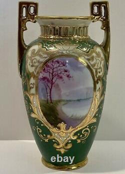 Hand Painted NIPPON Vase LAKE SCENE Matte Green Gold Beading 2 Handles Morimura