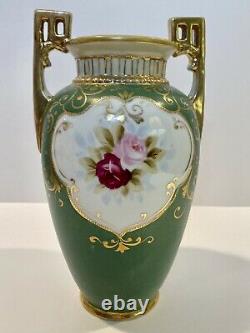 Hand Painted NIPPON Vase LAKE SCENE Matte Green Gold Beading 2 Handles Morimura