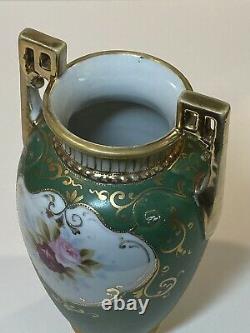 Hand Painted NIPPON Vase LAKE SCENE Matte Green Gold Beading 2 Handles Morimura