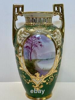 Hand Painted NIPPON Vase LAKE SCENE Matte Green Gold Beading 2 Handles Morimura